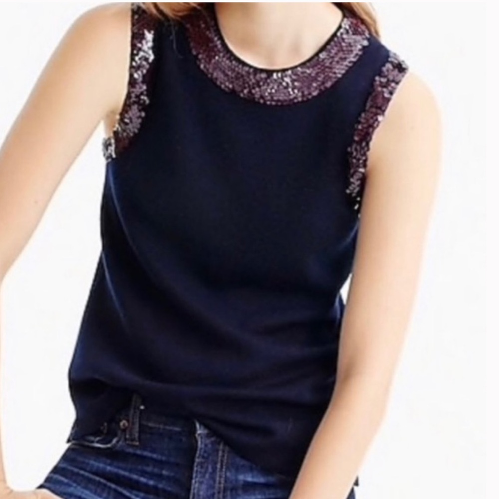 J. Crew Navy Tank Top with Sequin Accents Festival Evening Size Large